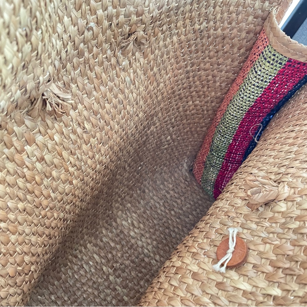 Vintage WOVEN Bag Rare Wicker Beach Bag Satchel Leather Strap Colored Panel - Picture 8 of 11